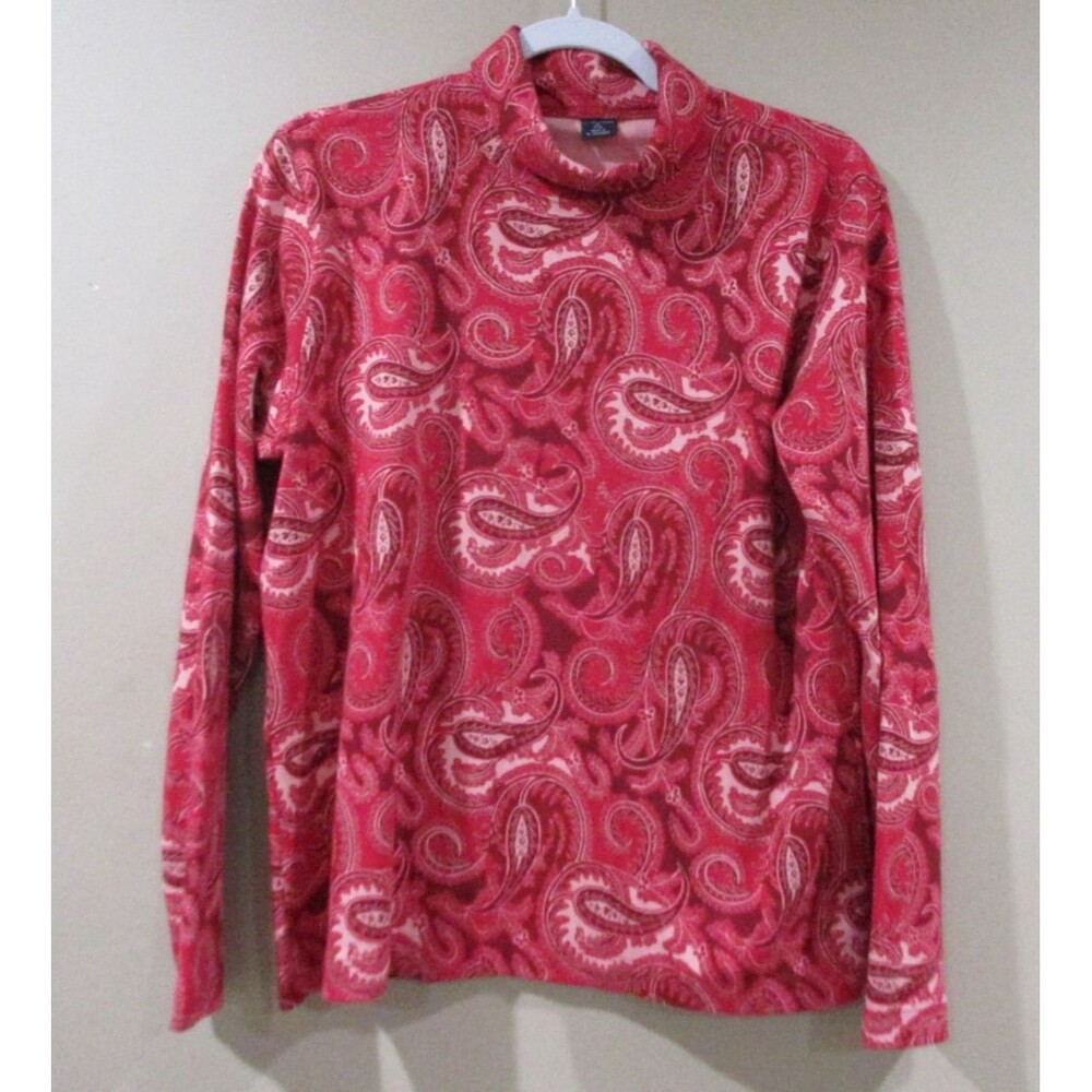 Lands' End Turtleneck Top Womens M Red 100% Cotton Paisley Mock Neck Classic